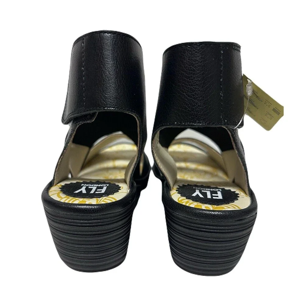 NEW FLY London Womens Size 6.5-7 37 Yuba Black Leather Crossover Wedge Sandals